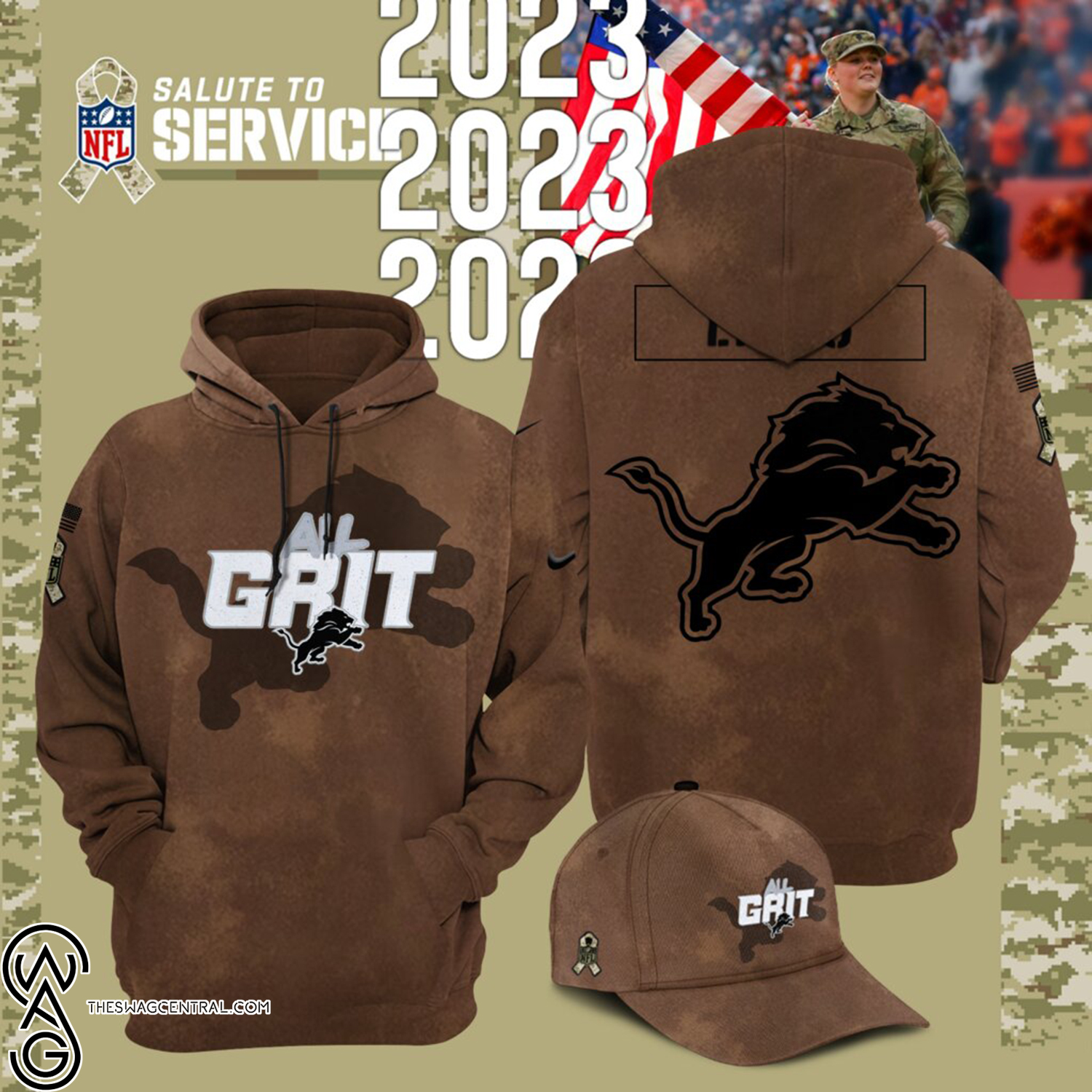 2023 Salute To Service Detroit Lions Full Printing Hoodie