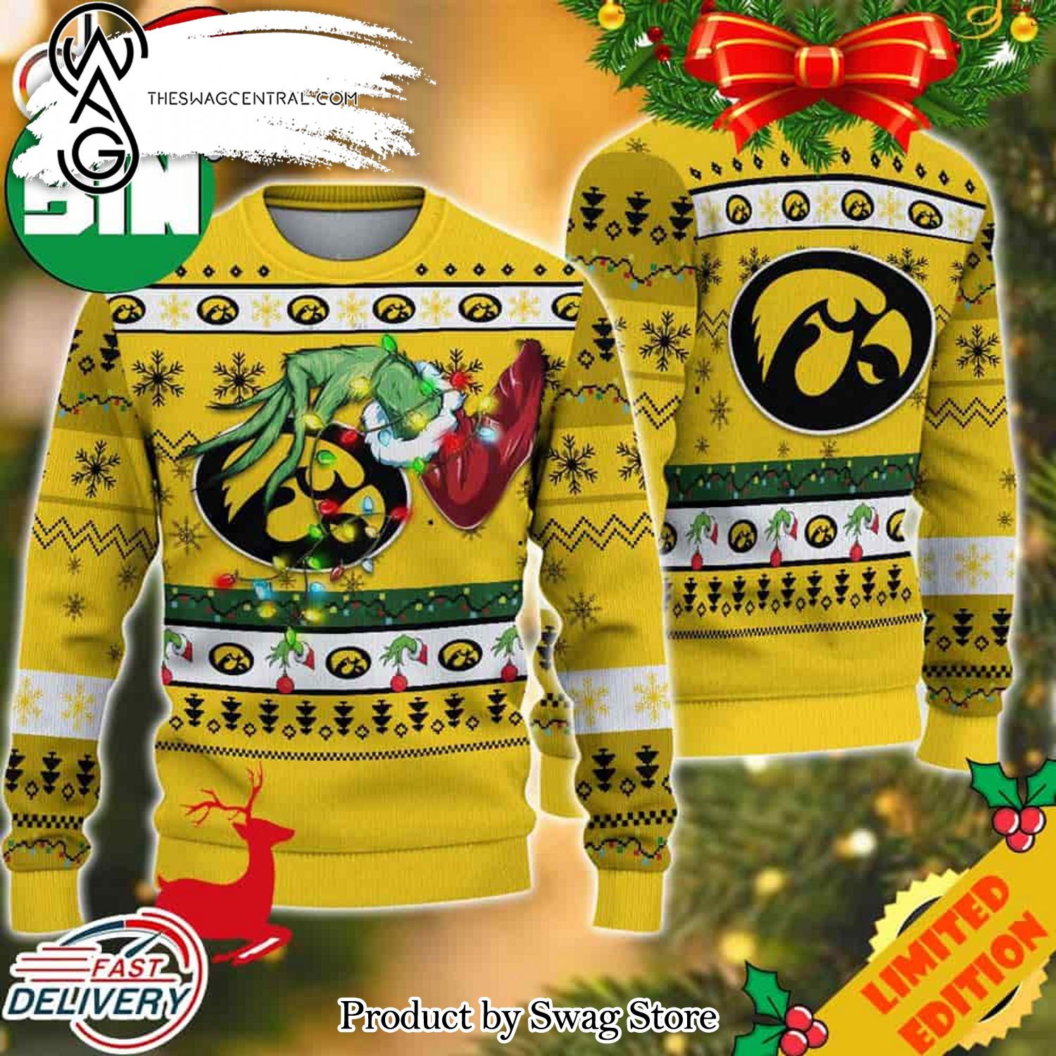 NCAA Iowa Hawkeyes Grinch Christmas Knitting Pattern Ugly Christmas Sweater